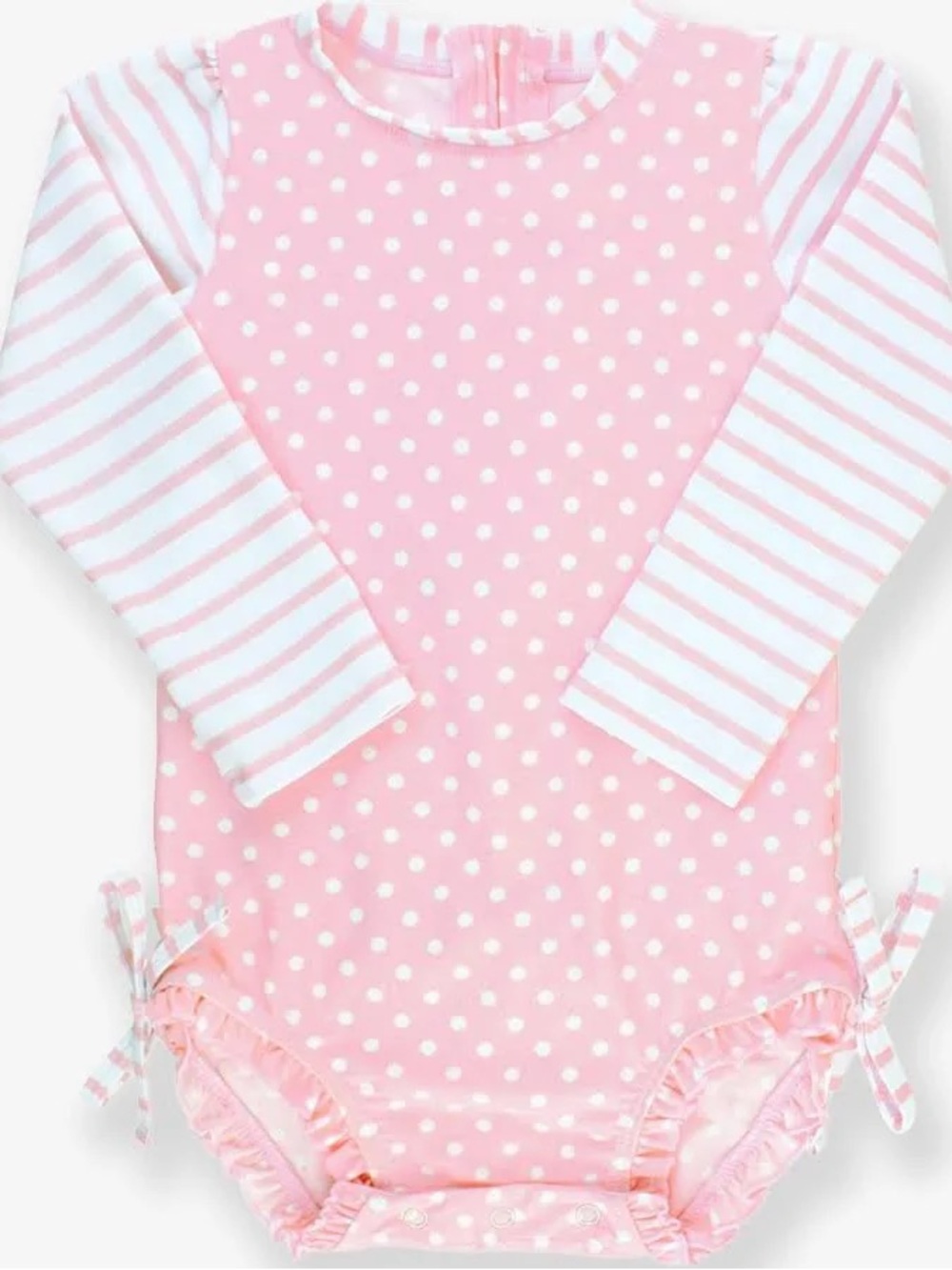 Ruffle Butts Pink and White Polka Dot Long-Sleeve One-Piece with Striped Sleeves
